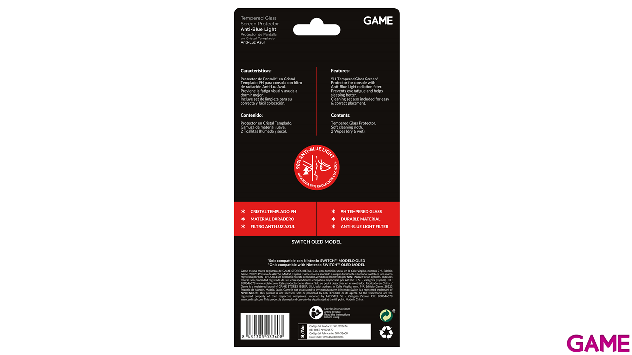 GAME GM33608 Cristal templado 9H anti luz azul para NSW OLED-0