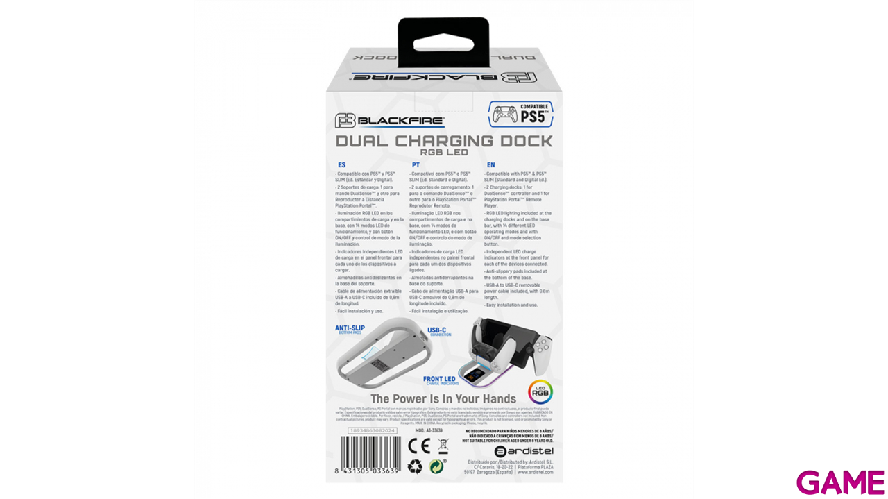 Cargador Dual con luz RGB para PS Portal y DualSense Ardistel Blackfire-1