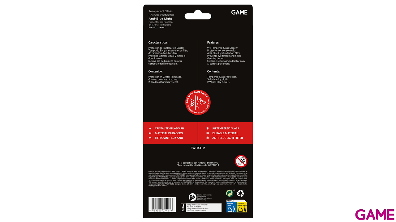 GAME GM-34216 Cristal templado 9H anti luz azul para Switch2-0