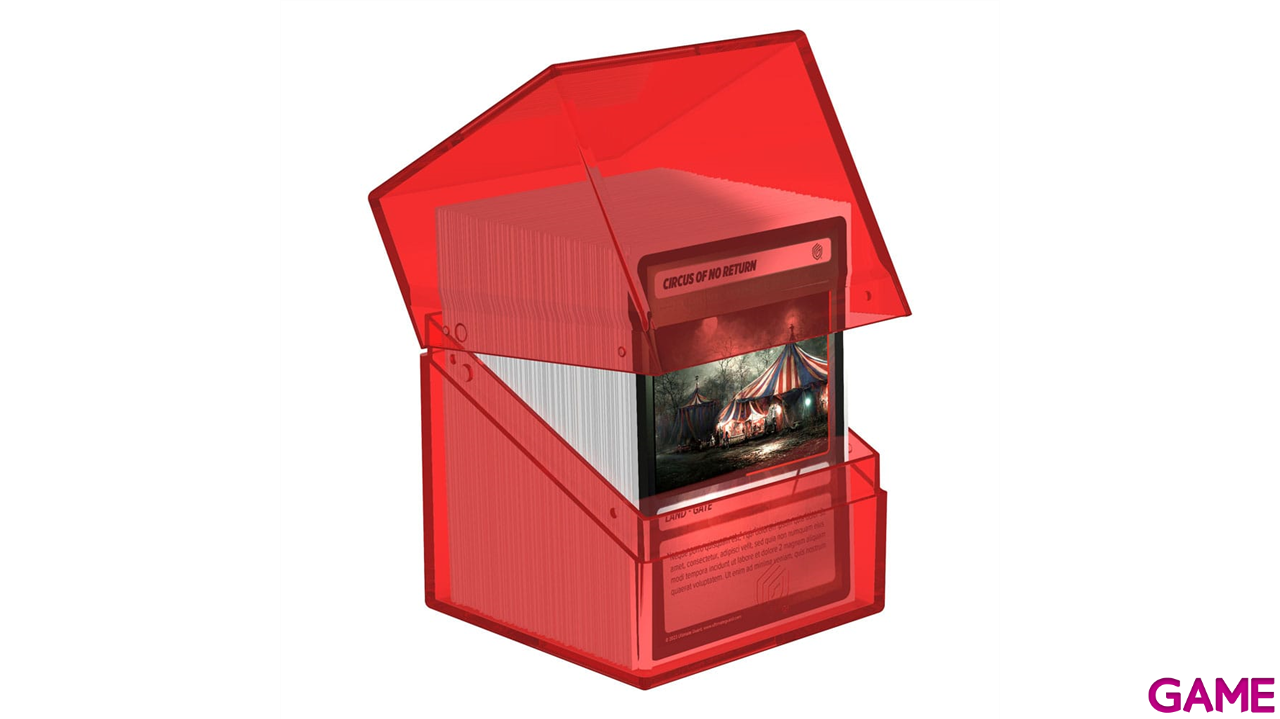 Caja de almacenaje para 100 cartas Ultimate Guard Boulder Ruby de color rojo transparente-1