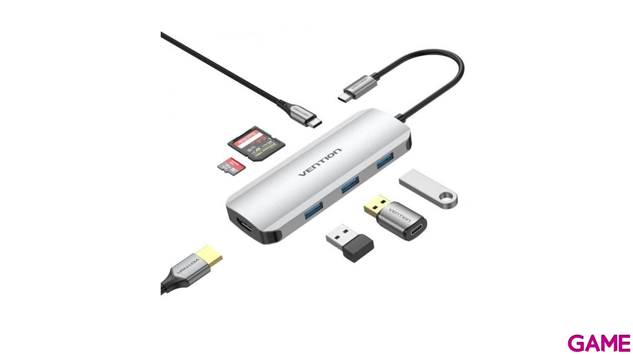 Vention Docking Station Hub USB-C 7 en1 USB-C a HDMI 4K/USB-A3.0x3/lector tarjetas/Carga 100W  0.15m Aluminio-0