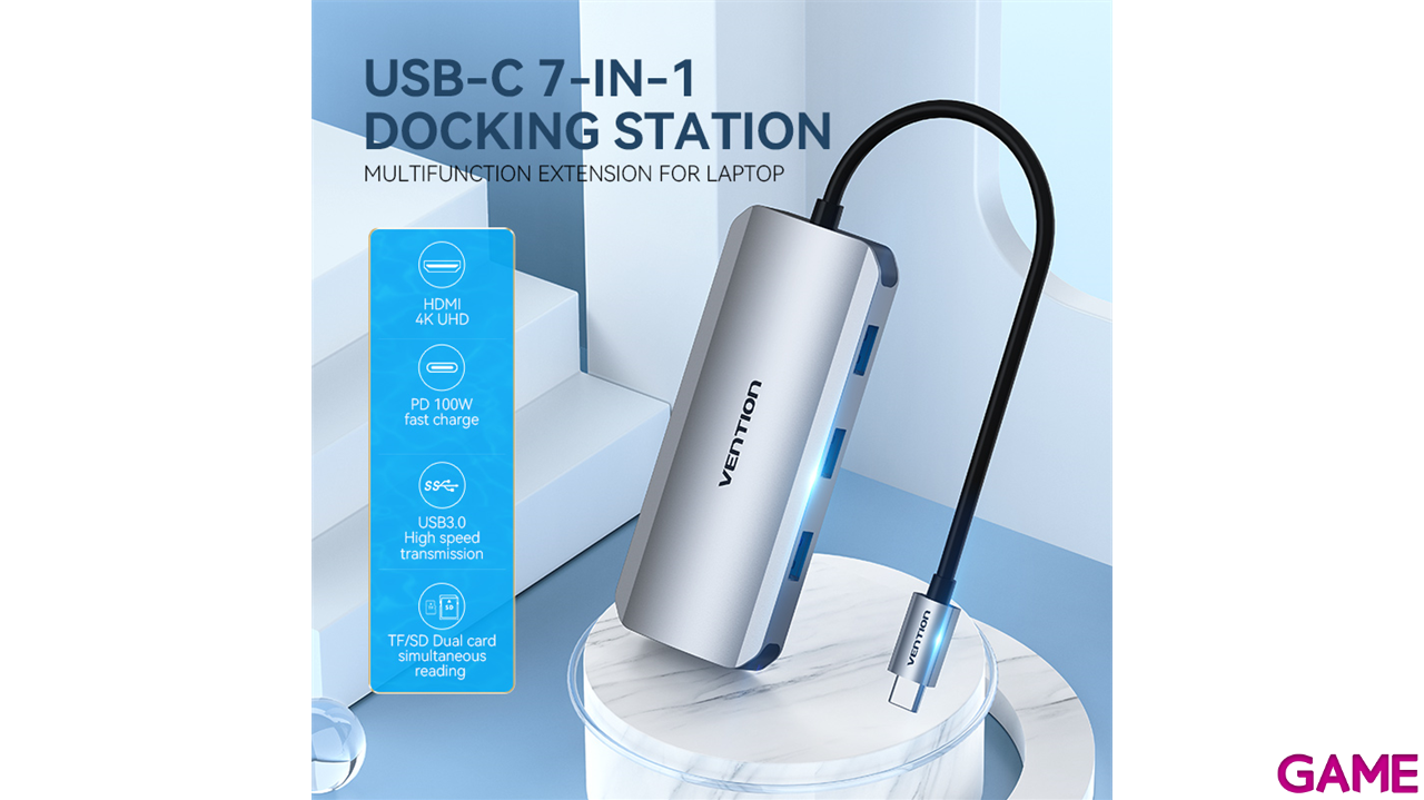 Vention Docking Station Hub USB-C 7 en1 USB-C a HDMI 4K/USB-A3.0x3/lector tarjetas/Carga 100W  0.15m Aluminio-10