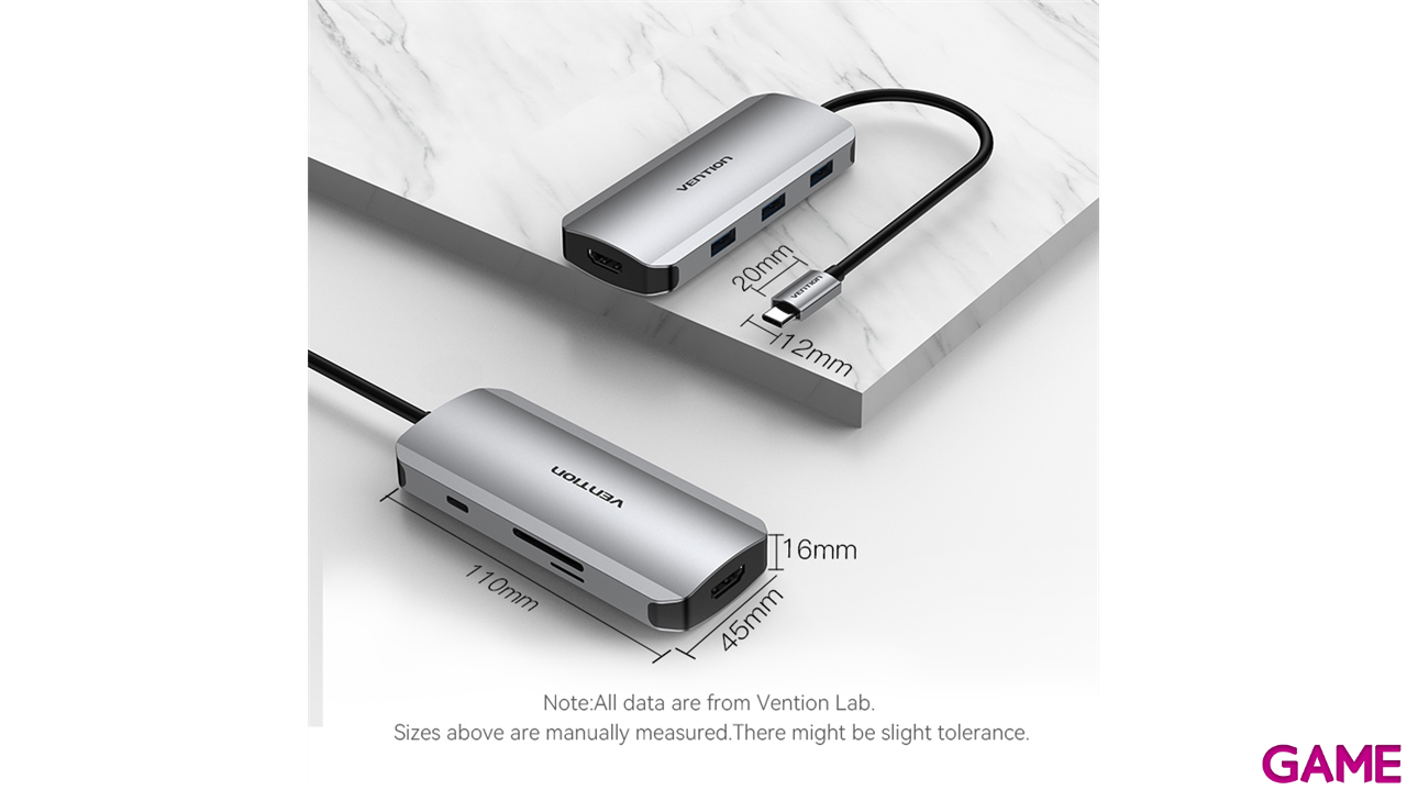 Vention Docking Station Hub USB-C 7 en1 USB-C a HDMI 4K/USB-A3.0x3/lector tarjetas/Carga 100W  0.15m Aluminio-11