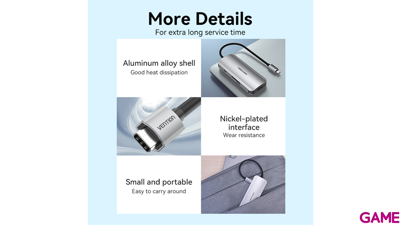 Vention Docking Station Hub USB-C 7 en1 USB-C a HDMI 4K/USB-A3.0x3/lector tarjetas/Carga 100W  0.15m Aluminio-13
