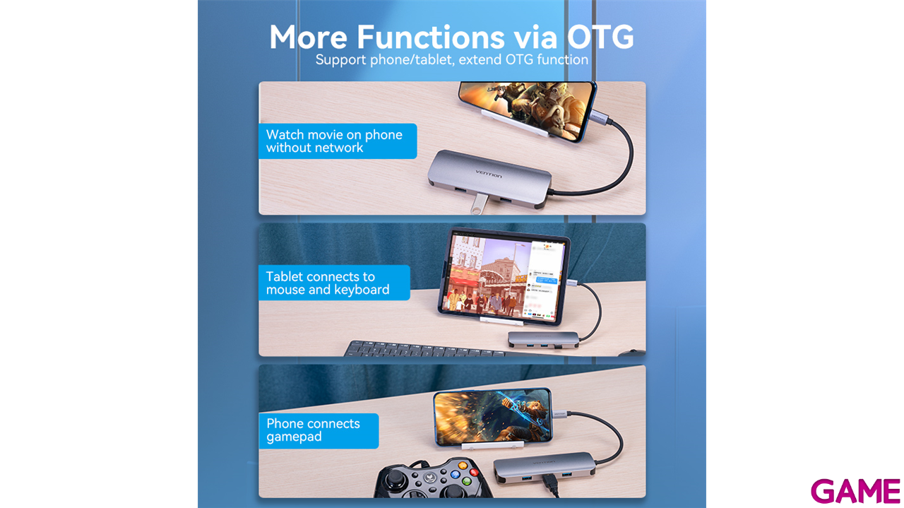 Vention Docking Station Hub USB-C 7 en1 USB-C a HDMI 4K/USB-A3.0x3/lector tarjetas/Carga 100W  0.15m Aluminio-15
