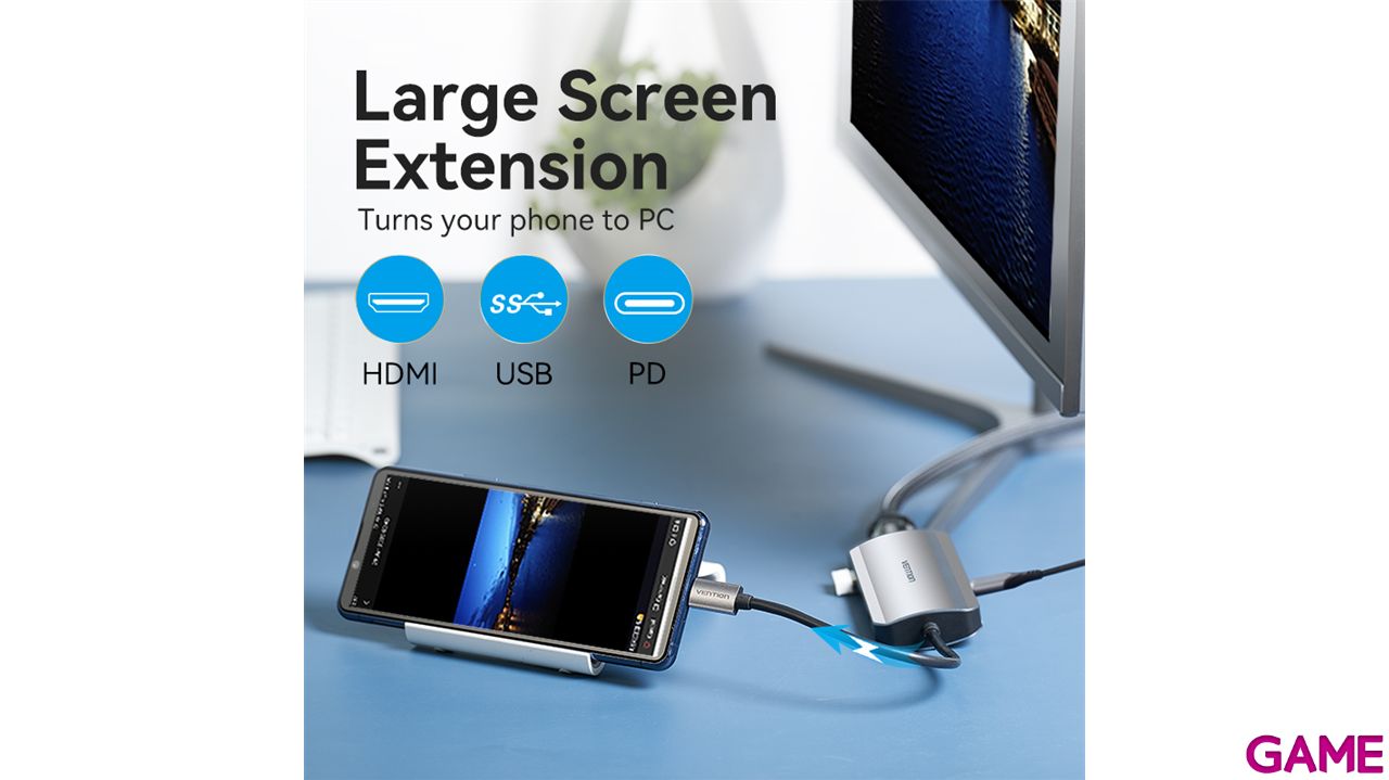 Vention Docking Station Hub USB-C 7 en1 USB-C a HDMI 4K/USB-A3.0x3/lector tarjetas/Carga 100W  0.15m Aluminio-3