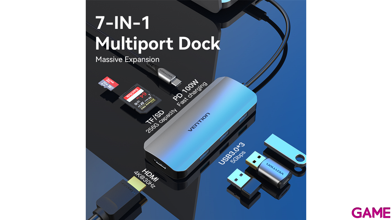 Vention Docking Station Hub USB-C 7 en1 USB-C a HDMI 4K/USB-A3.0x3/lector tarjetas/Carga 100W  0.15m Aluminio-9