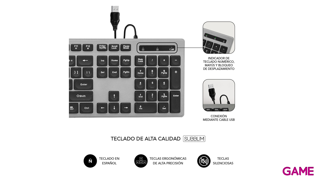 Subblim Ergonómico con cable USB Plano Silencioso Gris/Negro Ergo - Teclado-2
