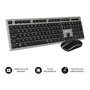 Subblim Combo Teclado Ergonómico y ratón inalámbricos Plano Silencioso Gris Negro - Pack Perifericos