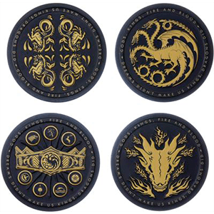 Pack de cuatro posavasos metálicos con licencia oficial de LA CASA DEL DRAGÓN. Pack de cuatro posavasos metálicos con licencia oficial de LA CASA DEL DRAGÓN.