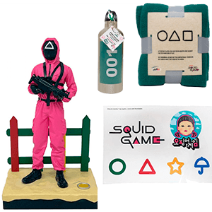 Caja de regalo Juego del Calamar (Figura + Botella + manta + pegatinas)