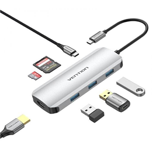 Vention Docking Station Hub USB-C 7 en1 USB-C a HDMI 4K/USB-A3.0x3/lector tarjetas/Carga 100W  0.15m Aluminio