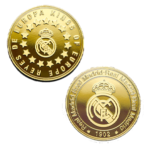 Moneda dorada Real Madrid Edición especial con Escudo e inscripción "Reyes de Europa"