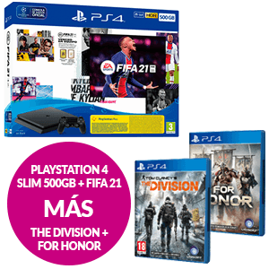 PlayStation 4 Slim 500GB + FIFA 21+ The Division + For Honor