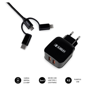 SUBBLIM CARGADOR USB DE VIAJE/PARED 2xUSB (2.4A) + CABLE 3EN1 BLACK Negro Interior