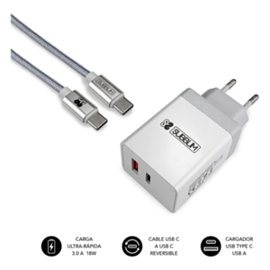 SUBBLIM CARGADOR ULTRA RAPIDO 2xUSB DE PARED PD18W+2.4A + Cable C to C Blanco SUBBLIM CARGADOR ULTRA RAPIDO 2xUSB DE PARED PD18W+2.4A + Cable C to C Blanco