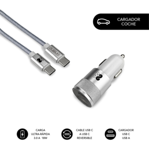 Subblim Cargador Ultra Rapido Coche 2xUSB PD18W+QC3.0 + Cable C to C Silver - Adaptador