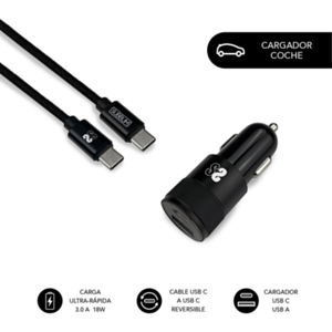 Subblim Ultra Rapido Coche 2xUSB PD18W+QC3.0 + Cable C to C Negro - Cargador