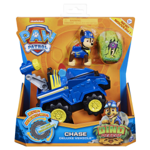 PAW Patrol , vehículo Deluxe con aceleración Dino Rescue de Chase con figura de dinosaurio misteriosa