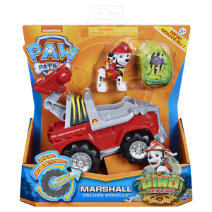 PAW Patrol , vehículo Deluxe con aceleración Dino Rescue de Marshall con figura de dinosaurio misteriosa