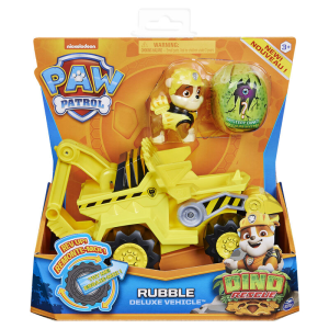 PAW Patrol , vehículo Deluxe con aceleración Dino Rescue de Rubble con figura de dinosaurio misteriosa