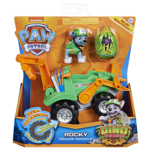 PAW Patrol , vehículo Deluxe con aceleración Dino Rescue de Rocky con figura de dinosaurio misteriosa