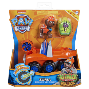 PAW Patrol , vehículo Deluxe con aceleración Dino Rescue de Zuma con figura de dinosaurio misteriosa