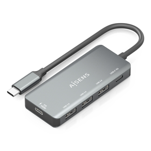 AISENS Hub USB 3.1 USB-C, USB-C/M-1xUSB-C PD 100W+1xUSB-C USB3.0/H+3xUSB-A USB2.0/H, Gris, 15cm
