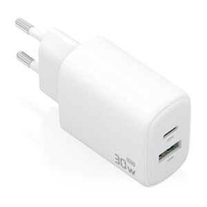 AISENS Cargador GaN 30W, 1xUSB-C PD3.0 QC4.0, 1xUSB-A QC3.0, Blanco