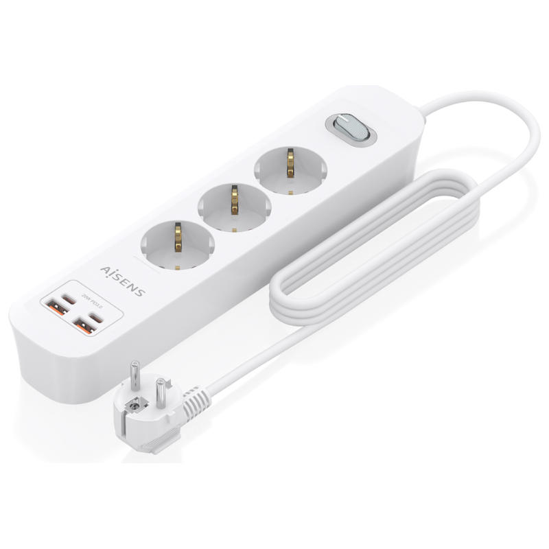 AISENS Regleta de Enchufes Multifuncion con 3 Tomas + Cargador PD3.0 20W 2xUSB-C, 2xUSB-A, 1.4m, Blanco