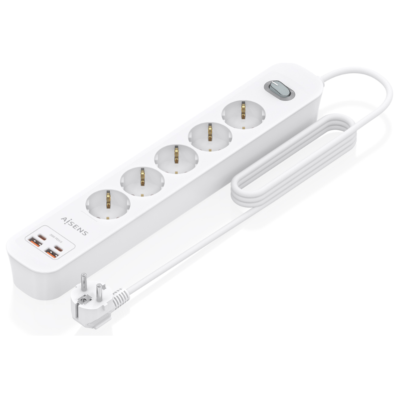 AISENS Regleta de Enchufes Multifuncion con 5 Tomas + Cargador PD3.0 20W 2xUSB-C, 2xUSB-A, 1.4m, Blanco