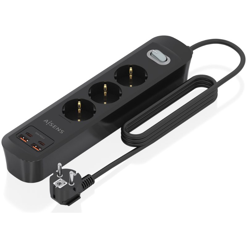 AISENS Regleta de Enchufes Multifuncion con 3 Tomas + Cargador PD3.0 20W 2xUSB-C, 2xUSB-A, 1.4m, Negro