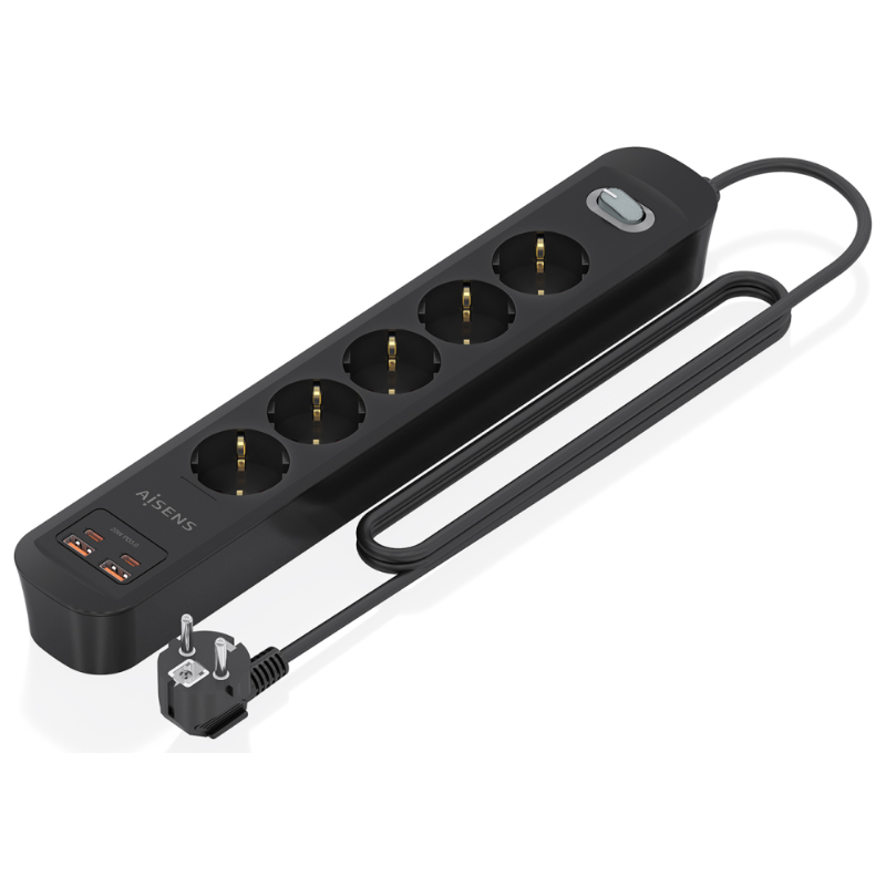 AISENS Regleta de Enchufes Multifuncion con 5 Tomas + Cargador PD3.0 20W 2xUSB-C, 2xUSB-A, 1.4m, Negro