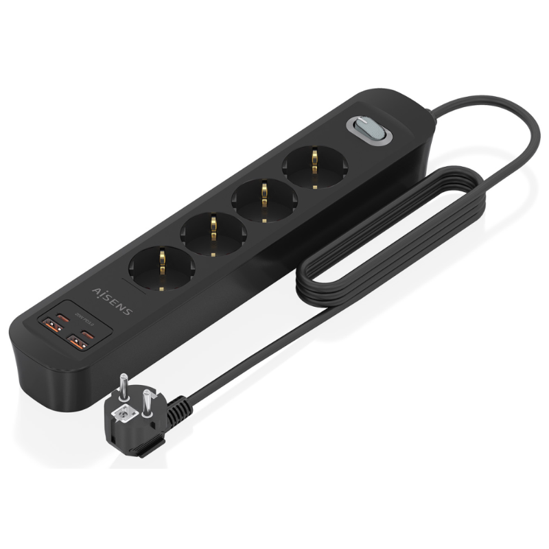 AISENS Regleta de Enchufes Multifuncion con 4 Tomas + Cargador PD3.0 20W 2xUSB-C, 2xUSB-A, 1.4m, Negro
