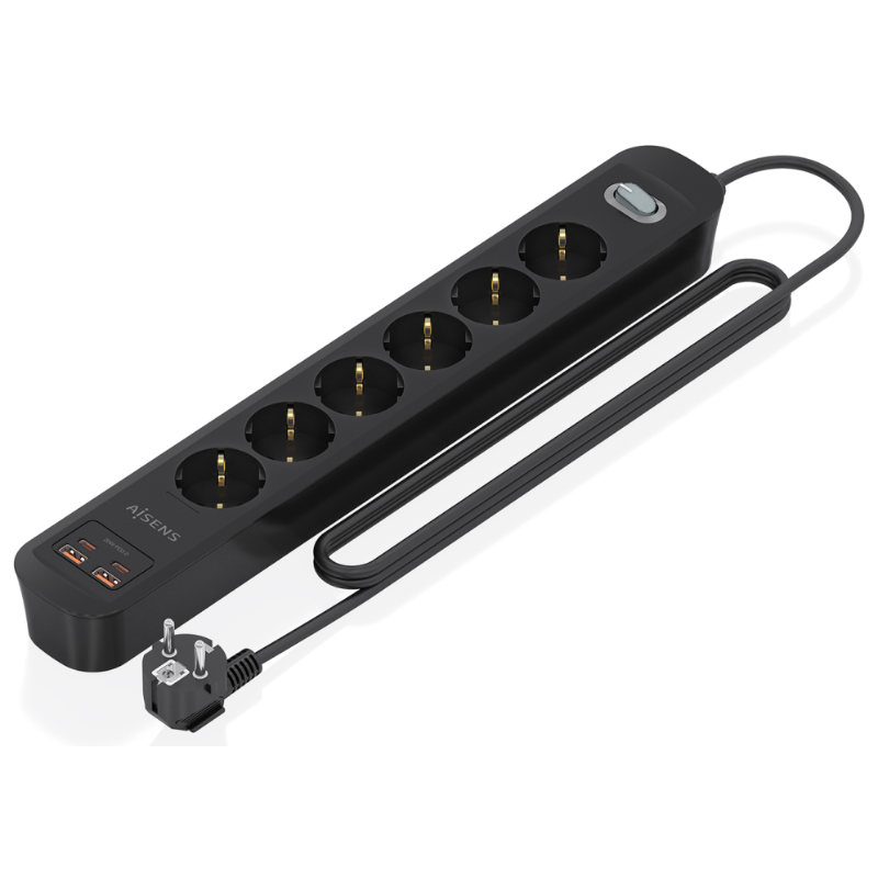 AISENS Regleta de Enchufes Multifuncion con 6 Tomas + Cargador PD3.0 20W 2xUSB-C, 2xUSB-A, 1.4m, Negro