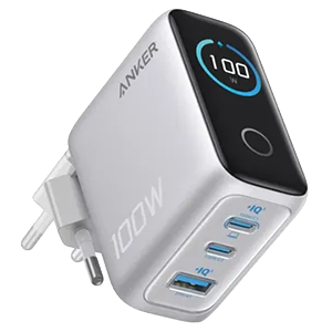 Anker Charger 100W, 3 Puertos, Smart Display, Plata