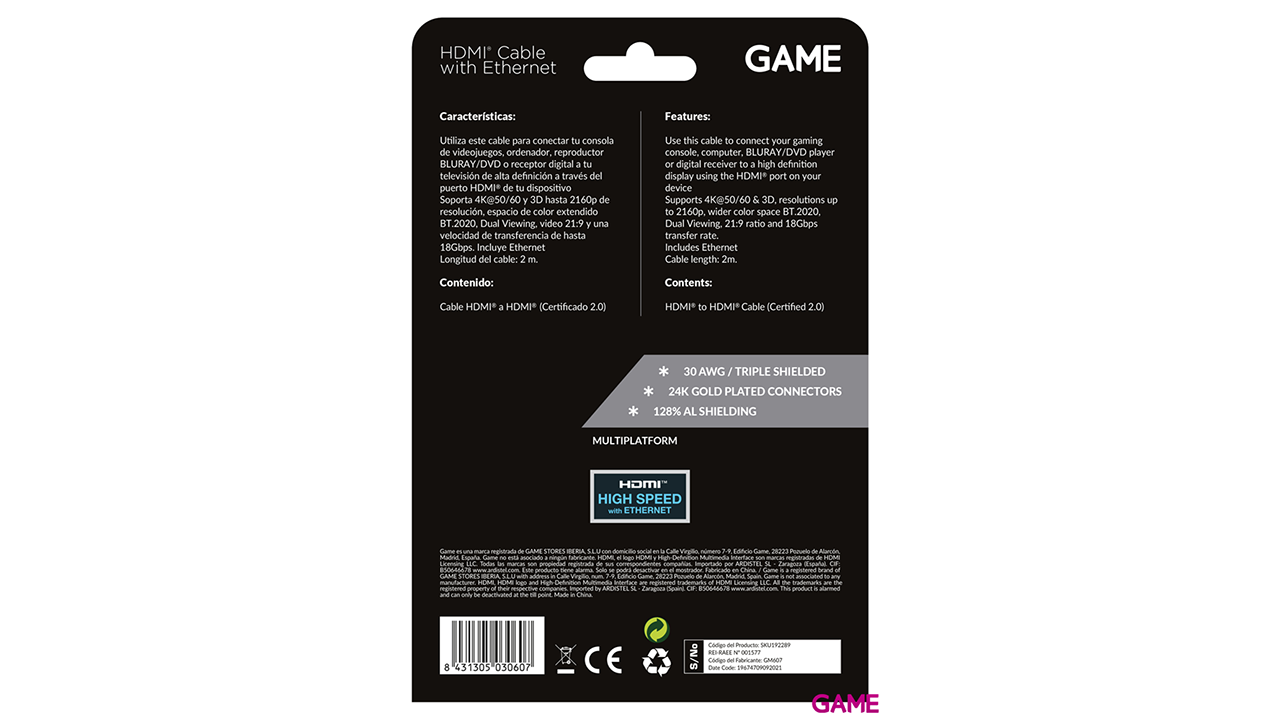 GAME GM607 Cable HDMI 2.0 con Ethernet PS5-PS4-XSX-XONE-NSW-PC-1