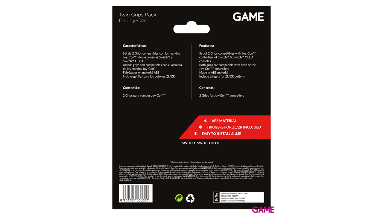 GAME GM683 Pack de 2 Grips negros para Joy-Con Switch-1
