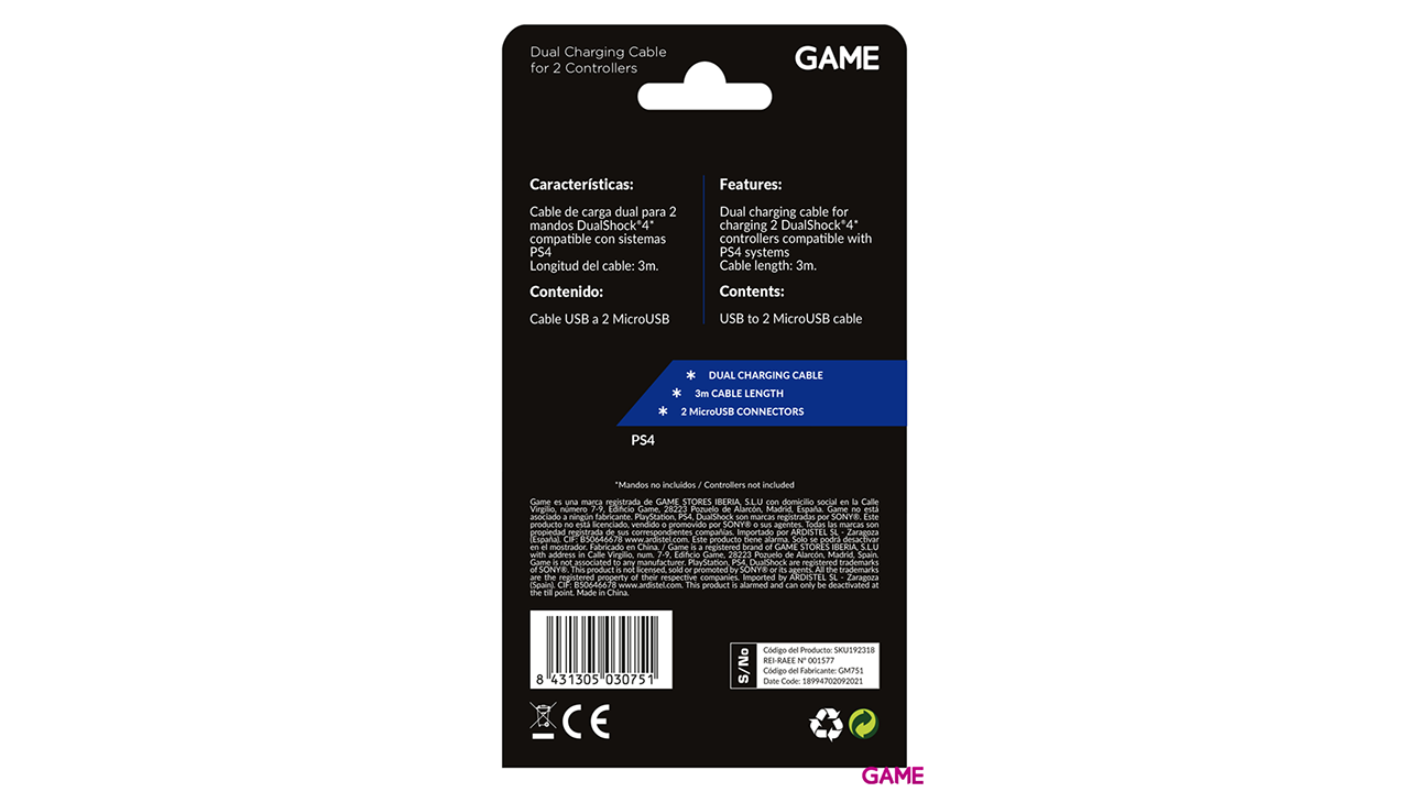 GAME GM751 Cable Carga MicroUSB para 2 Mandos DualShock4-1