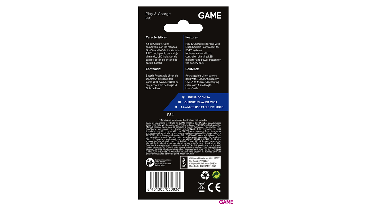 GAME GM836 Batería 1000mAh para Mando DualShock4-1