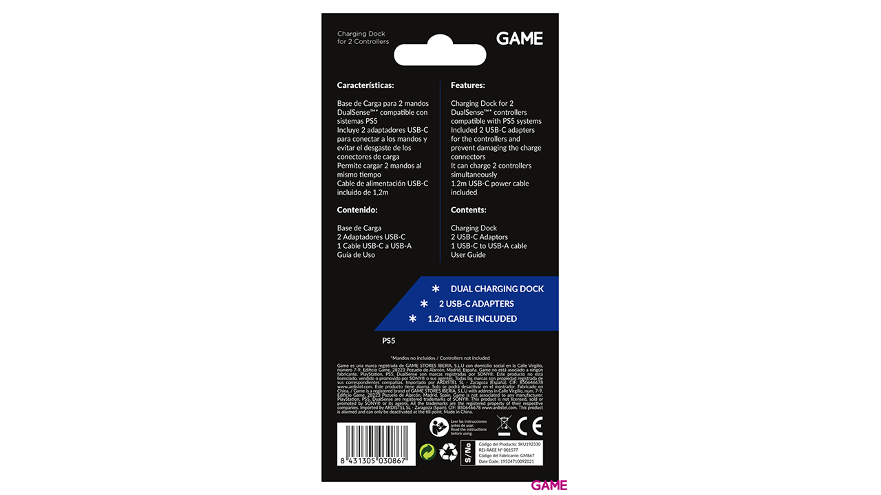 GAME GM867 Cargador Dual para Mandos DualSense-1