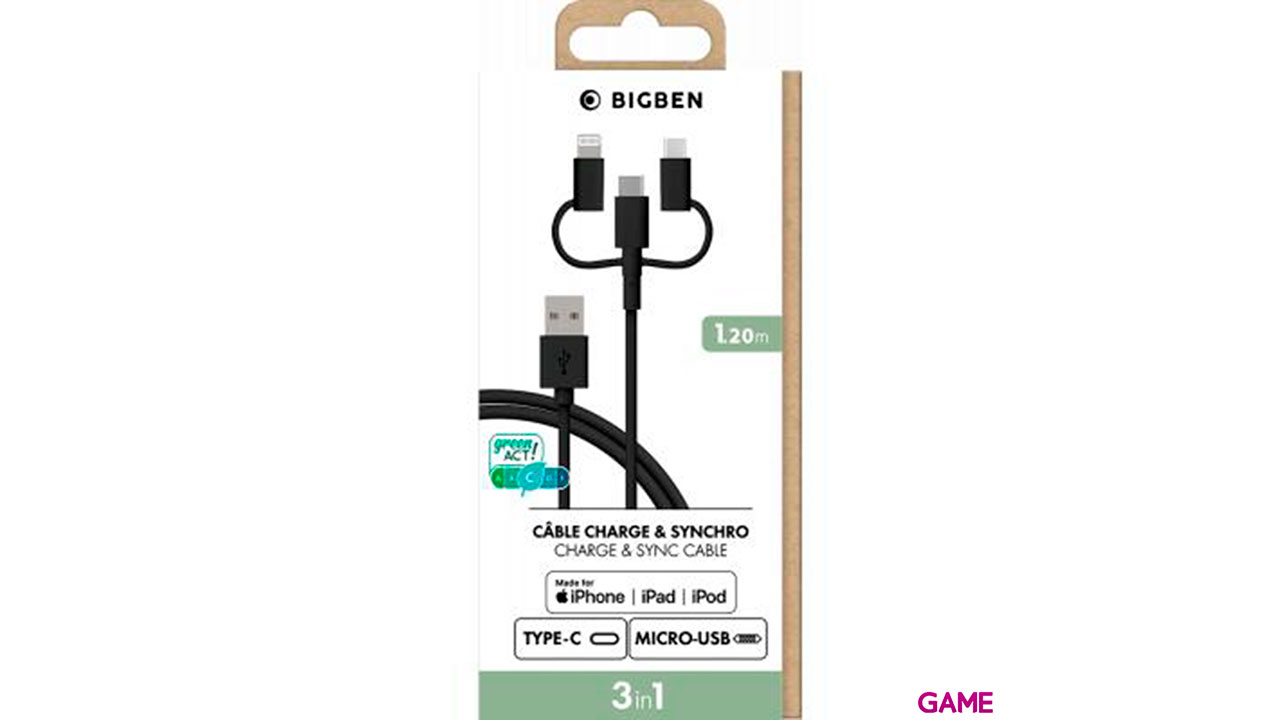 Cable Carga Triple MicroUSB - USBC - Iphone 1.2m Bigben-1