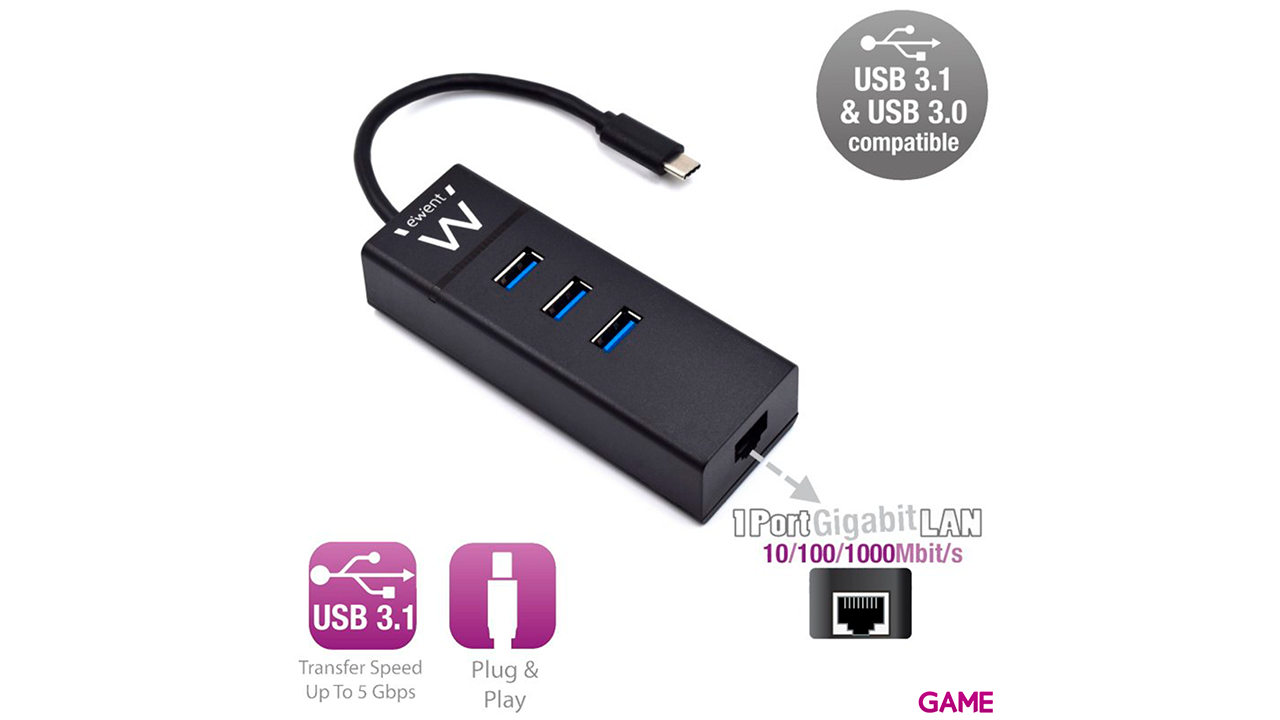 Ewent EW1141 USB 3.2 Gen 1 (3.1 Gen 1) Type-C 5000 Mbit/s Negro - HUB USB-2