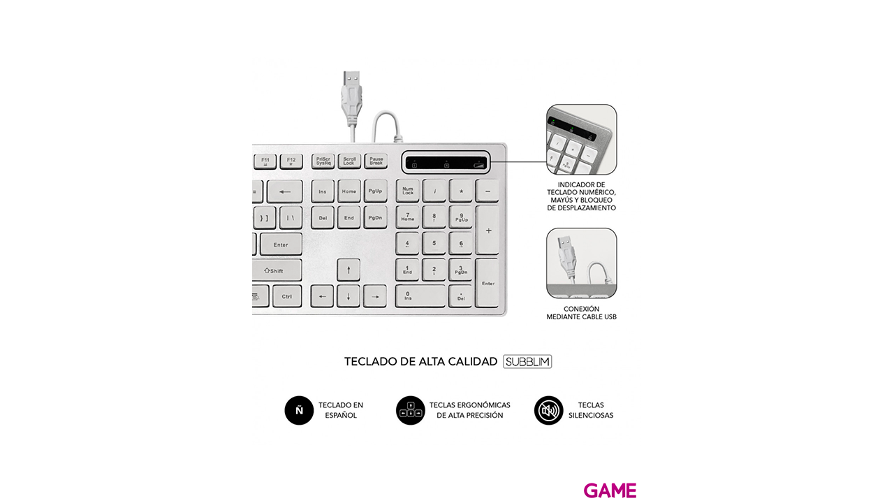 Subblim Teclado + Raton Ergonómico USB Plano Silencioso Plateado Blanco - Combo-0