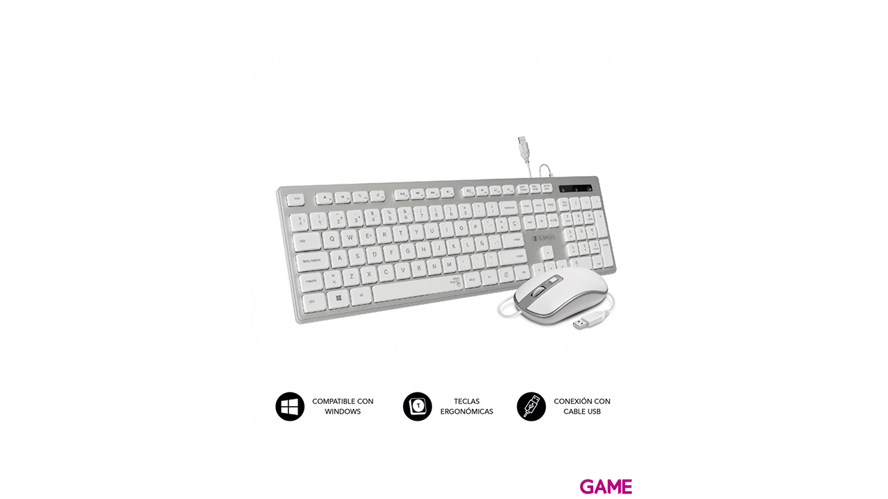 Subblim Teclado + Raton Ergonómico USB Plano Silencioso Plateado Blanco - Combo-2