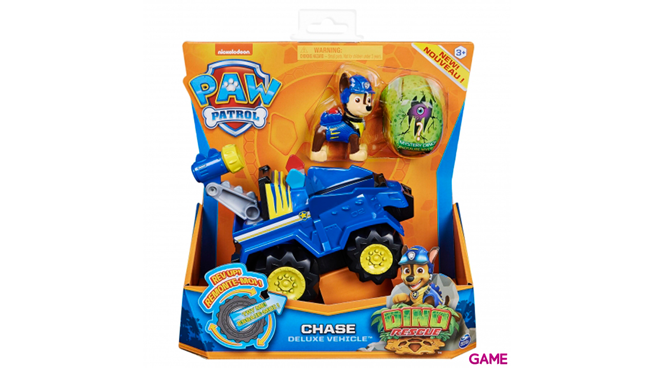 PAW Patrol , vehículo Deluxe con aceleración Dino Rescue de Chase con figura de dinosaurio misteriosa-0