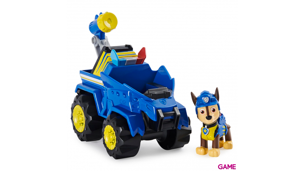 PAW Patrol , vehículo Deluxe con aceleración Dino Rescue de Chase con figura de dinosaurio misteriosa-1