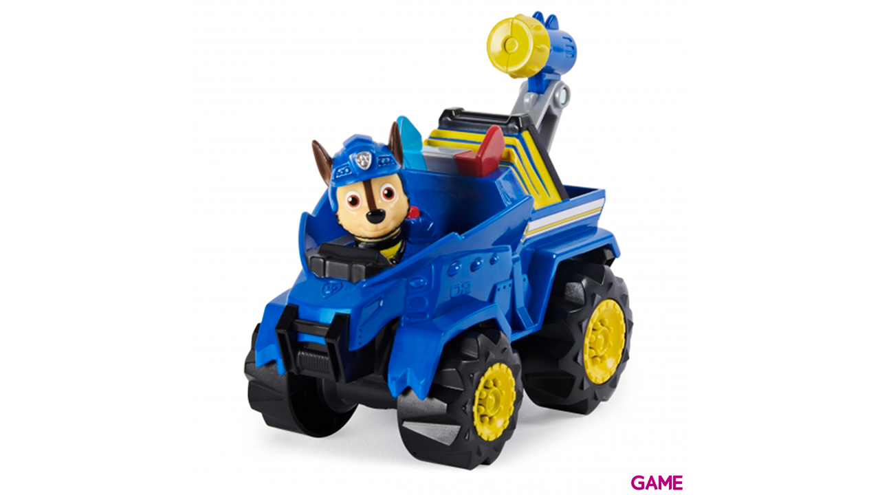 PAW Patrol , vehículo Deluxe con aceleración Dino Rescue de Chase con figura de dinosaurio misteriosa-2