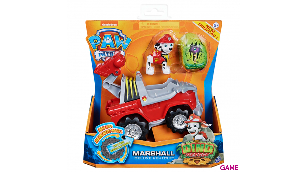 PAW Patrol , vehículo Deluxe con aceleración Dino Rescue de Marshall con figura de dinosaurio misteriosa-0