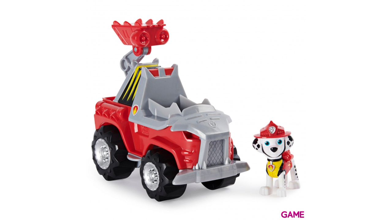 PAW Patrol , vehículo Deluxe con aceleración Dino Rescue de Marshall con figura de dinosaurio misteriosa-1